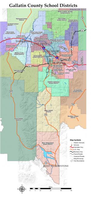 Gallatin County School Districts. Showing different counties in the area